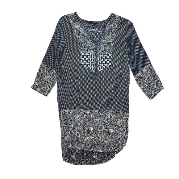Lovposh Womens Tunic Top Dress Medium Gray V neck Batik Print 3/4 Sleeve Boho - Picture 1 of 9
